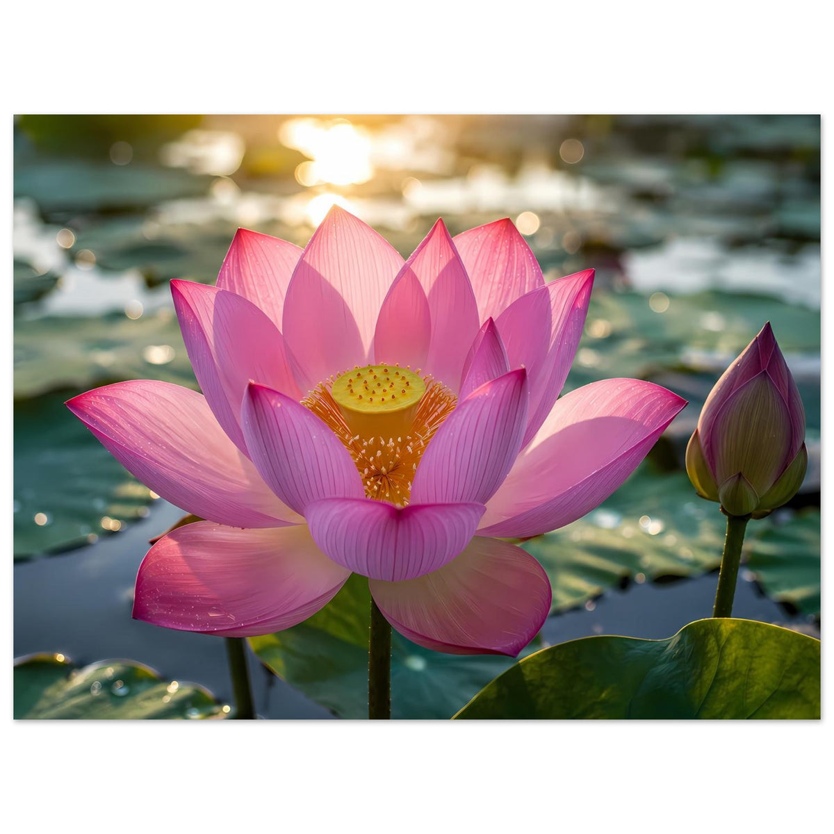 Poster mit großer pinker Lotusblüte, orangefarbenem Zentrum, grünen Blättern