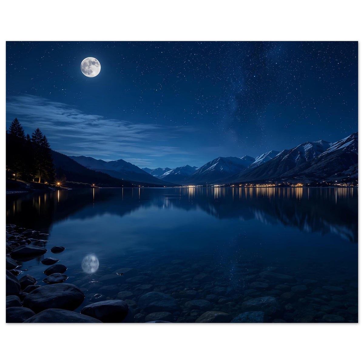 Gerahmtes Poster mit Mond über Bergsee, Sternenhimmel, Berge, Steinufer und klarer Reflexion