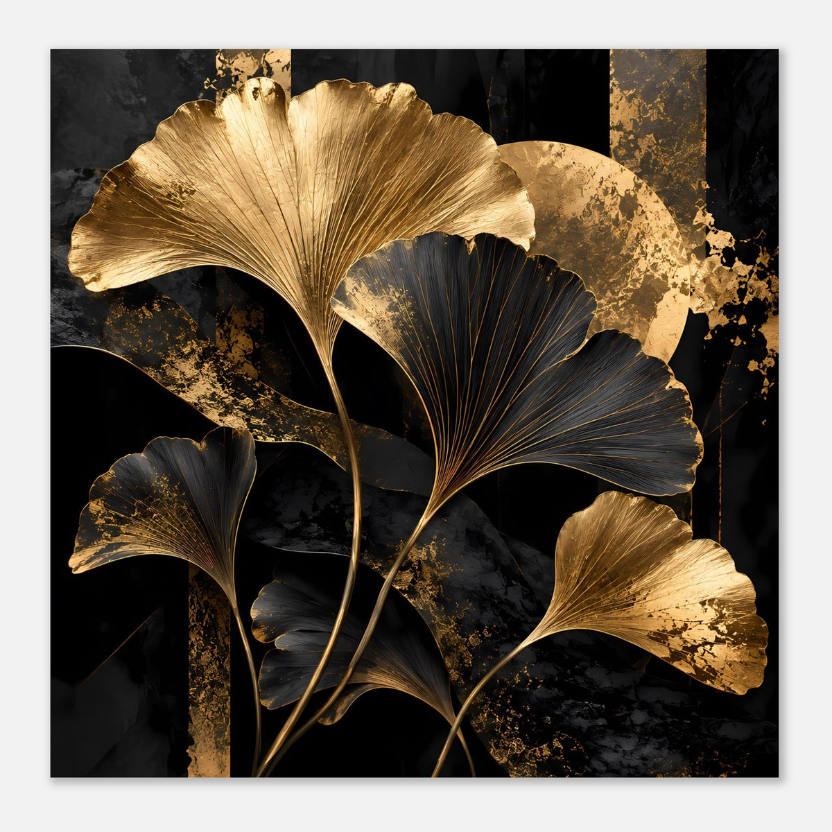 Botanisches Poster mit goldenen und schwarzen Ginkgo-Blättern, dekorative goldene Farbakzente