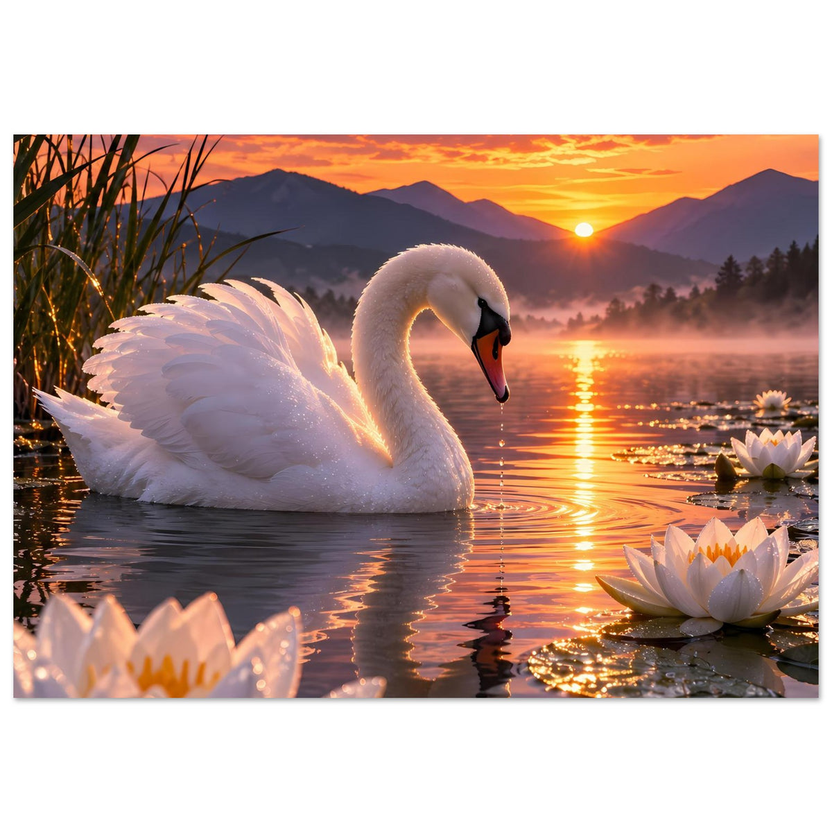 Poster im Querformat: weißer Schwan, mehrere Seerosen rechts, warmes Licht über dem See
