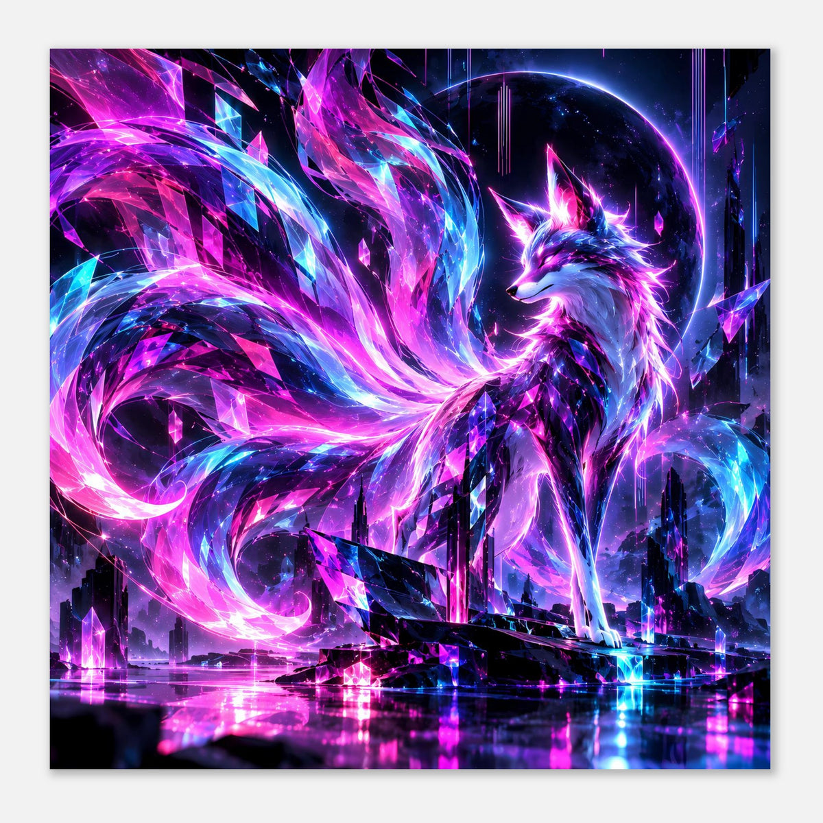 Fantasy-Poster: Neon-Fuchs mit violetten und blauen Lichtwirbeln, Reflexionen im Boden