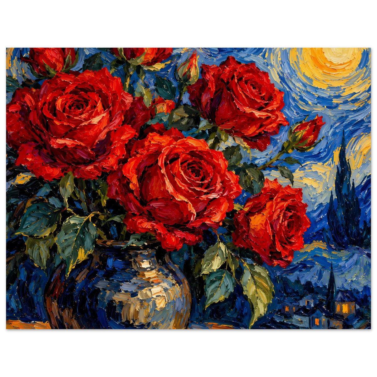 Poster mit rotem Rosenstrauß und Vase, blau-gelber Hintergrund mit goldenen Wirbeln, horizontal