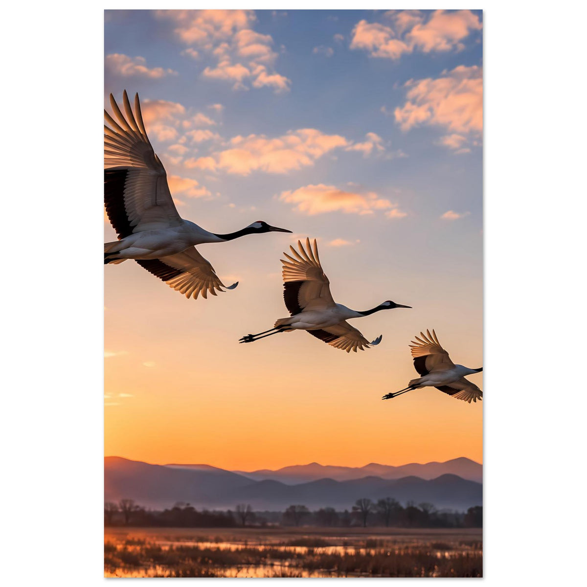Poster mit fliegenden Kranichen, orangefarbener Sonnenuntergang über Landschaft