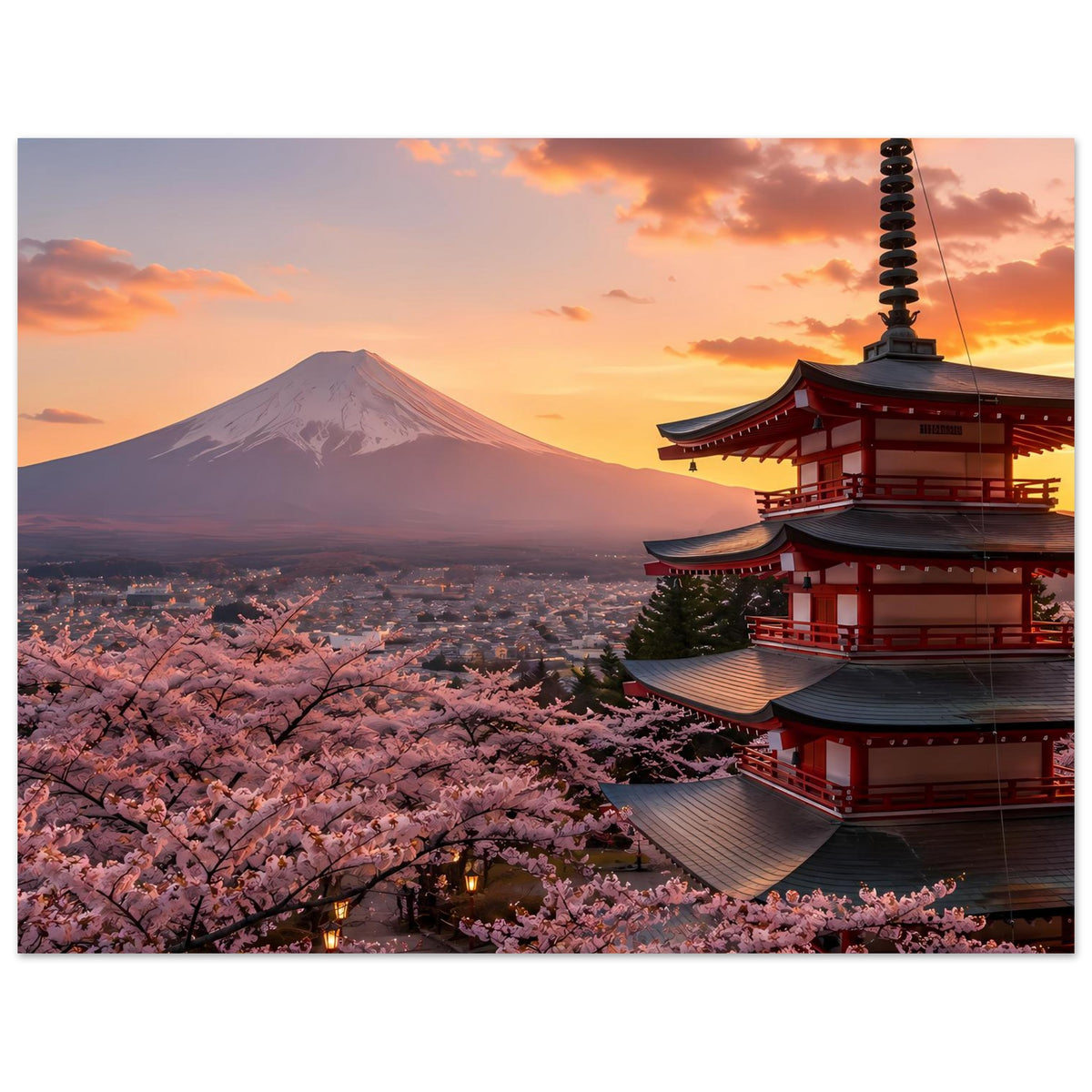 Japanisches Sonnenuntergang-Poster im Hochformat mit Kirschblüten, Mount Fuji und roter Pagode