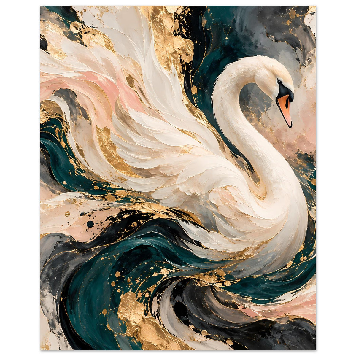Kunstposter mit weißem Schwan, abstraktem Hintergrund in Petrol, Gold und Schwarz
