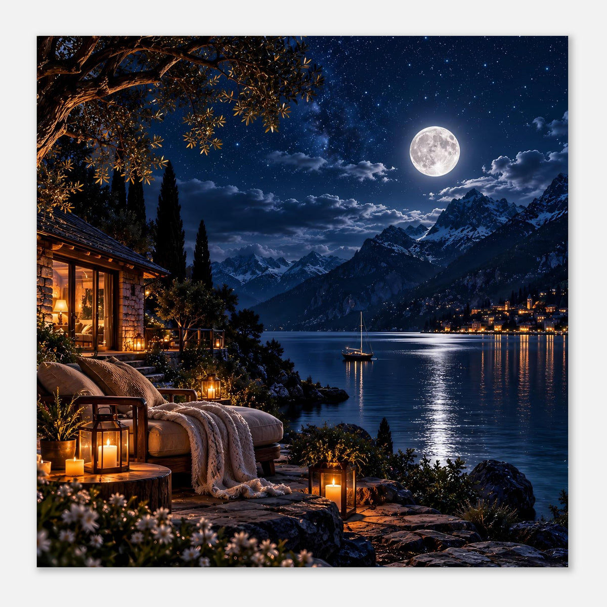 Poster mit Mond über See, Boot vor dunklen Bergen, beleuchtetes Ufer und Steinsteg