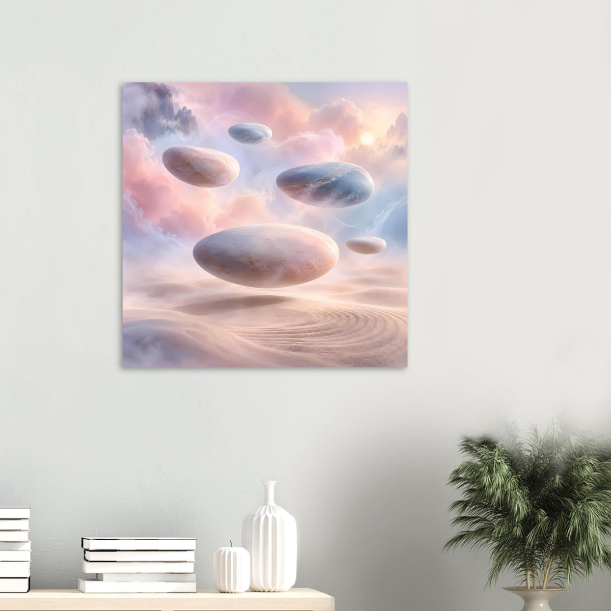 Quadratisches Pastellposter: ovale Steine schweben über rosafarbenen Wüstendünen.