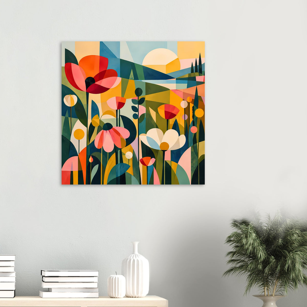 Quadratisches abstraktes Blumenposter mit roten, gelben und grünen Blumenformen