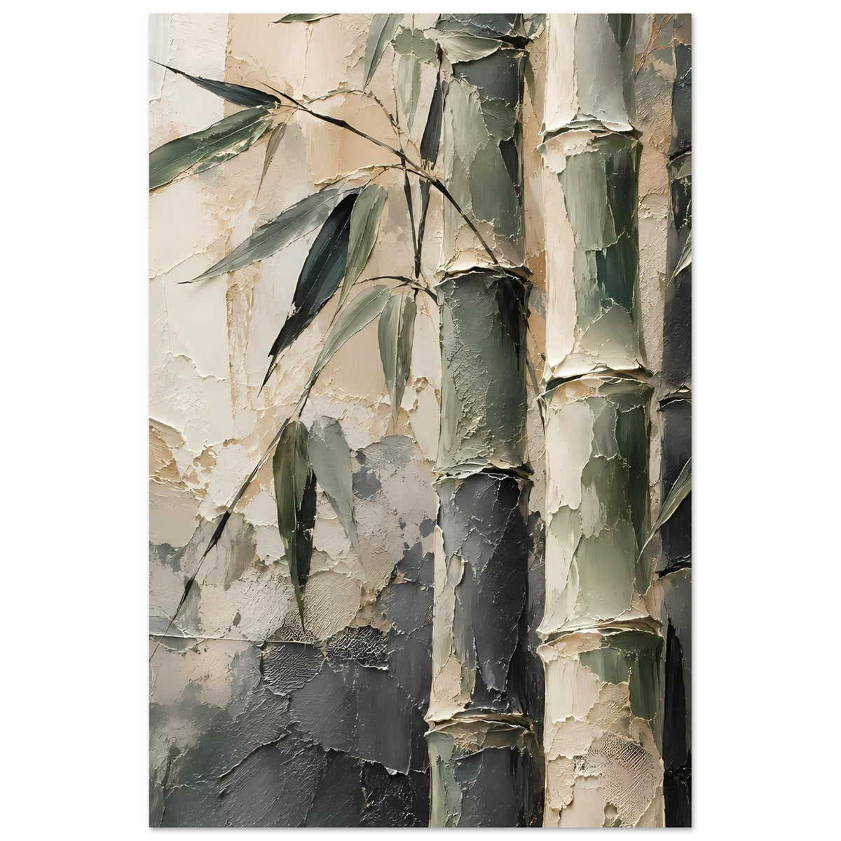 Gerahmtes Bambuskunst-Poster im Hochformat mit abstrakten Bambuslinien und Blättern in Grün/Beige/Grau