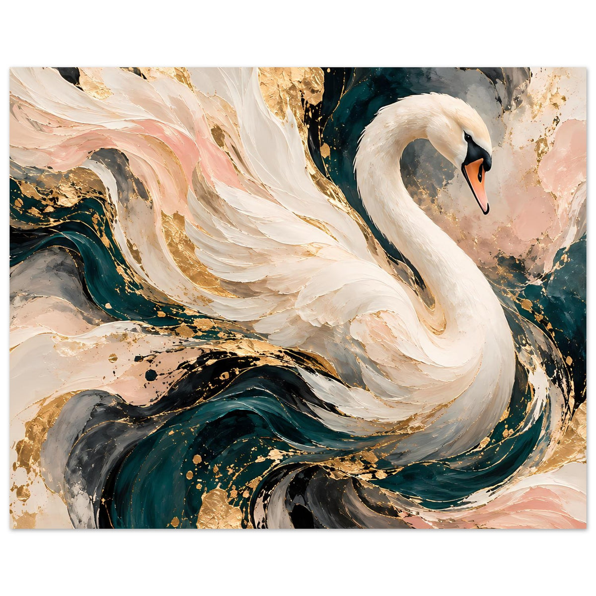 Kunstposter: weißer Schwan mit abstraktem Farbfluss in Blaugrün, Creme und Gold
