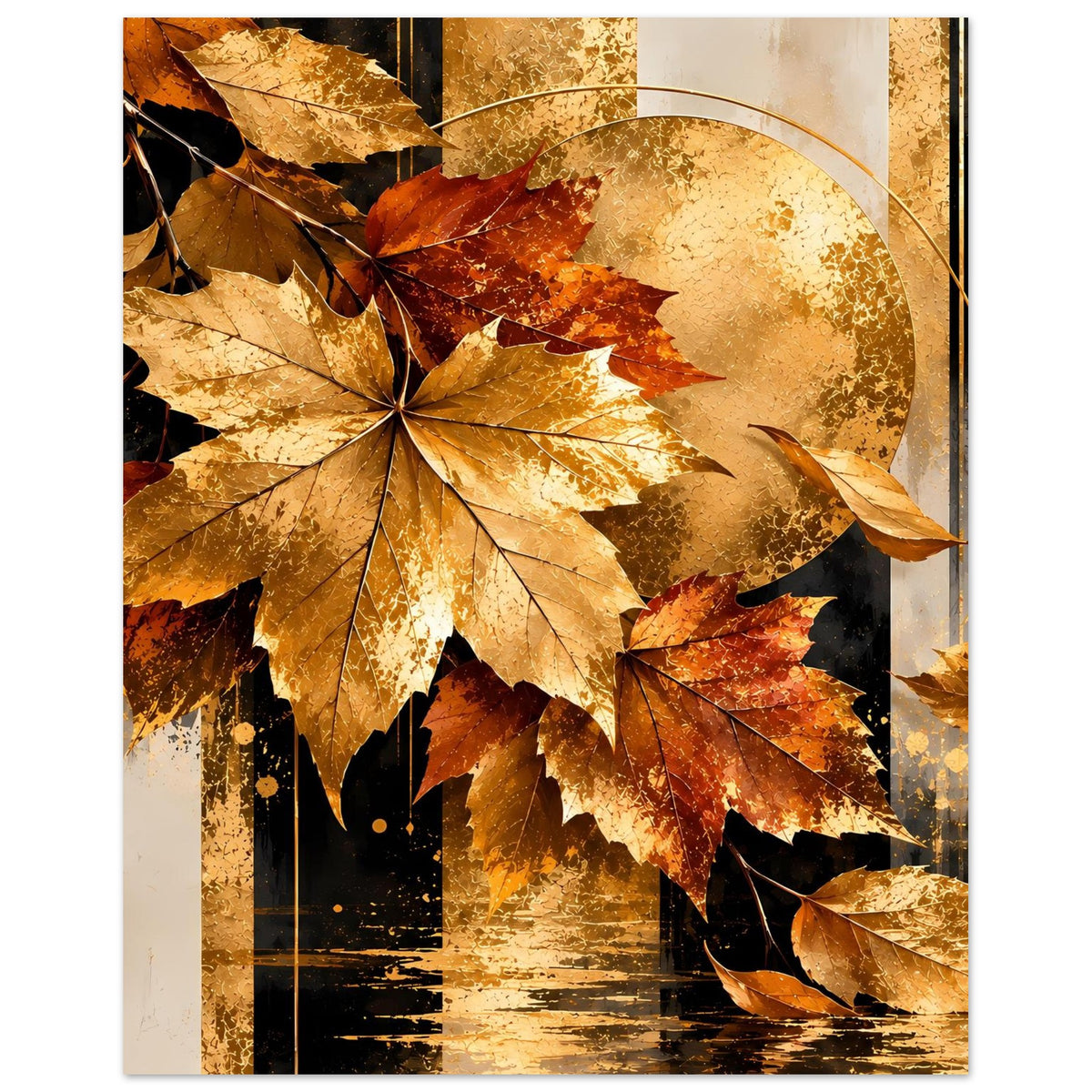Herbstposter mit großen Ahornblättern, goldenem Kreis und dunklen Vertikallinien