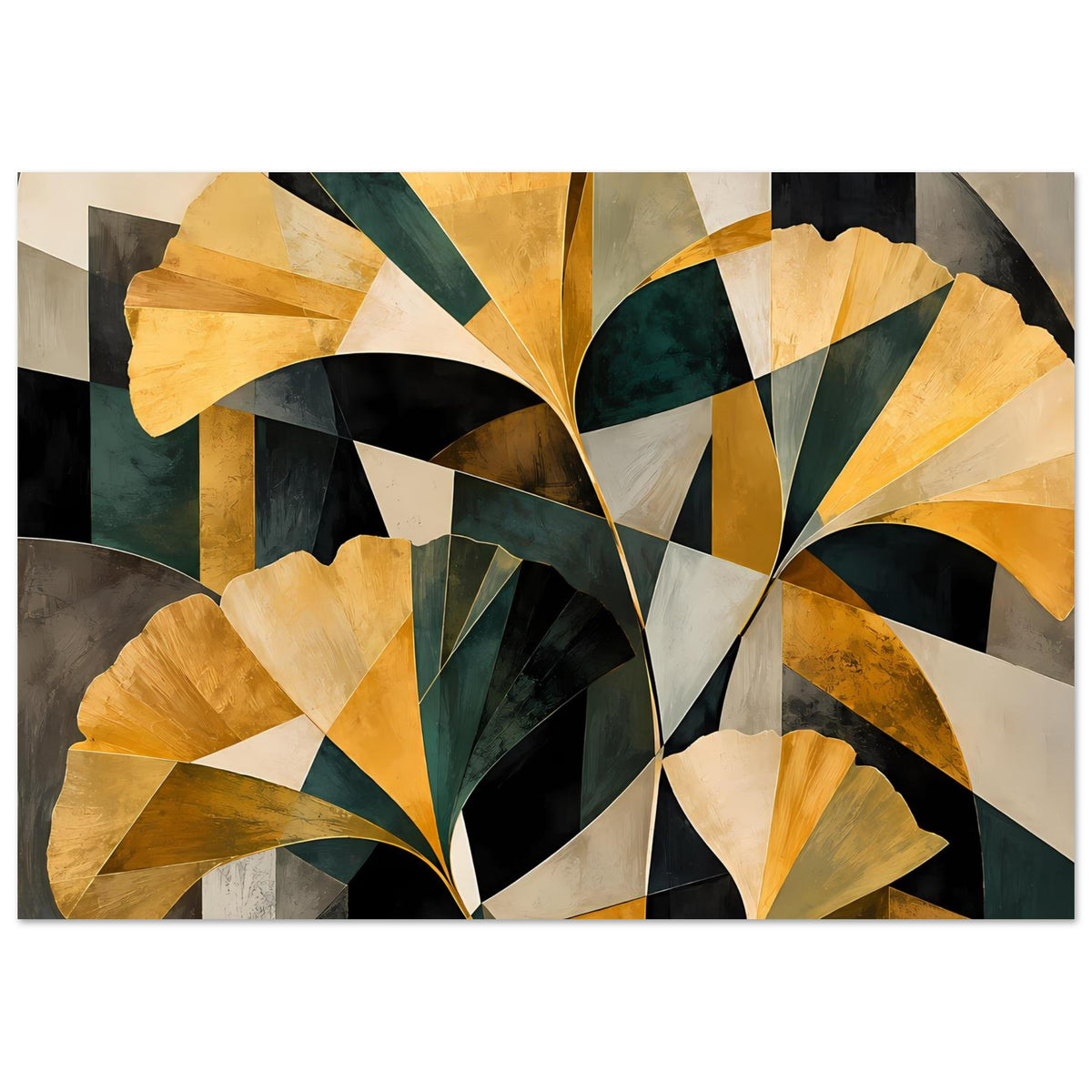 Modernes abstraktes Blumenposter, Querformat, goldene Blütenformen auf dunkelgrünem Grund