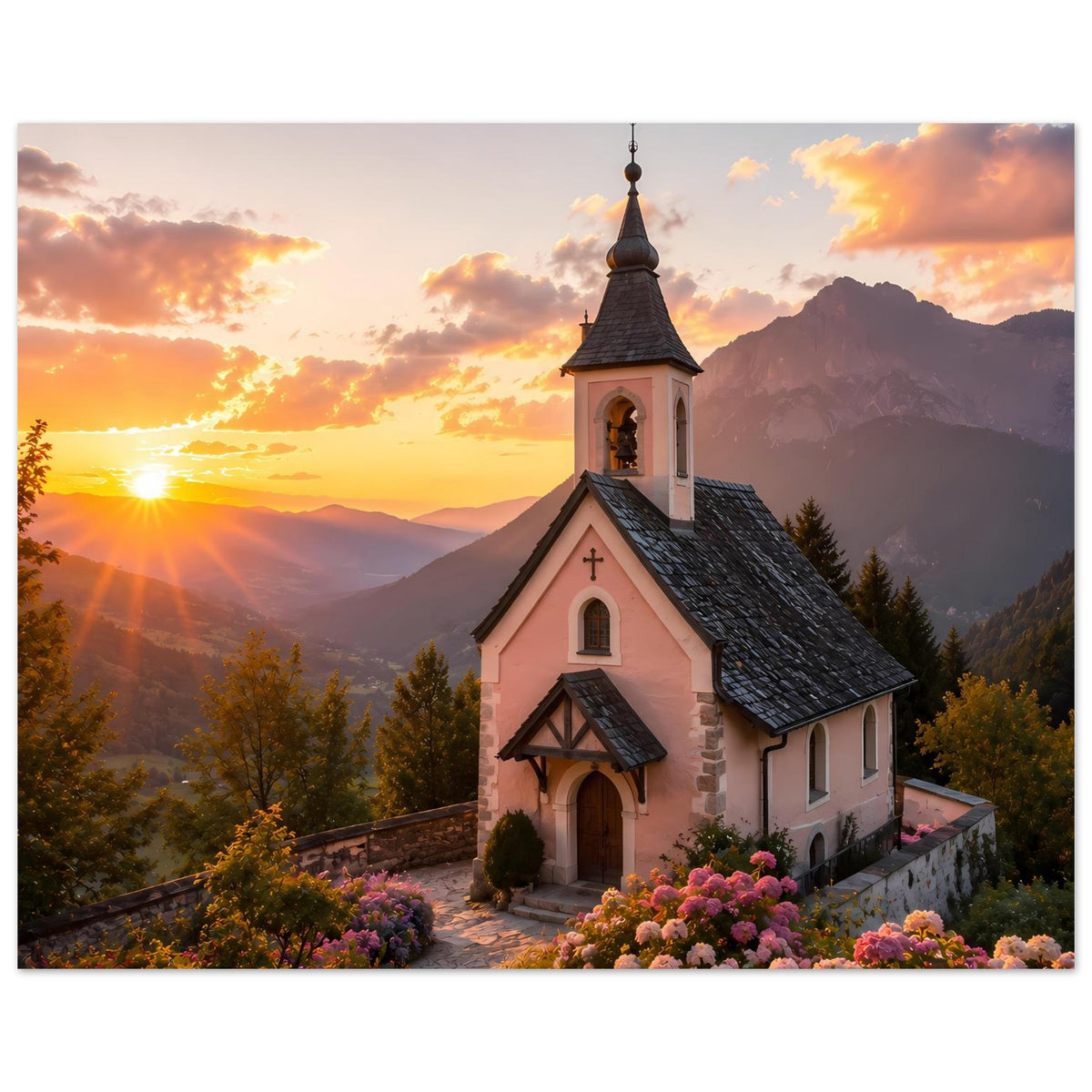 Landschaftsposter mit Kapelle bei Sonnenuntergang, Glockenturm, Weg, Blumen und Berge