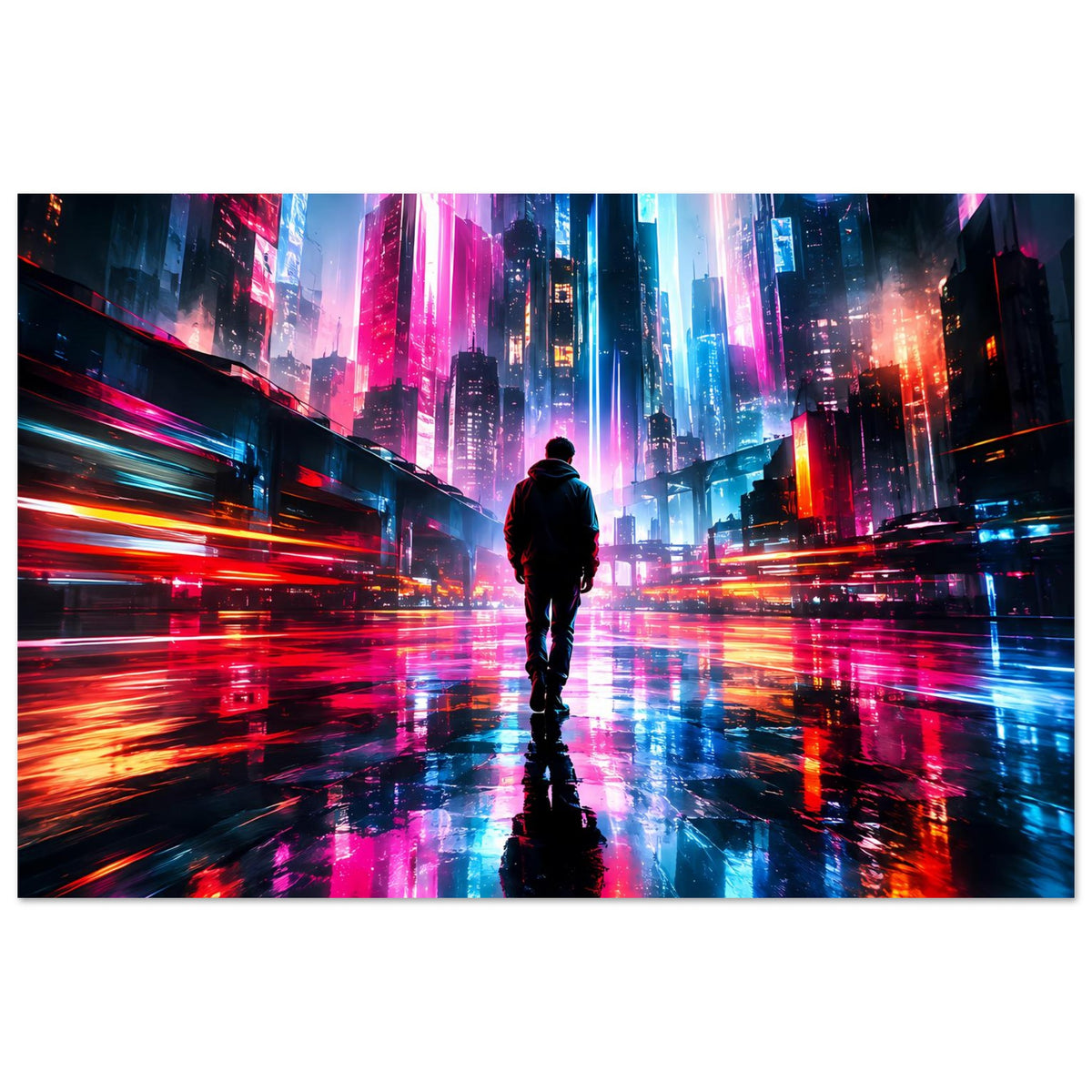 Querformat-Cyberpunk-Poster: Leuchtende Stadtstraßen in Orange, Pink und Blau mit Silhouette.
