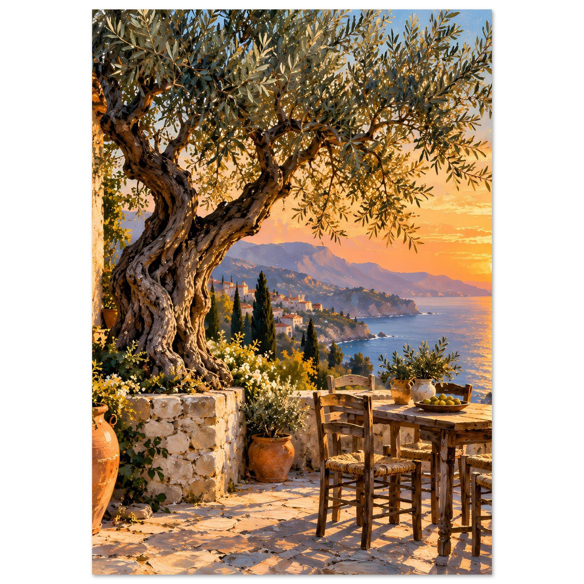 Mediterranes Sonnenuntergang-Poster (hochkant) mit Olivenbaum und gedecktem Holztisch