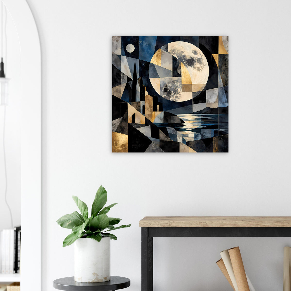 Geometrisches Poster mit Mondsichel und geometrischen Landschaftselementen in Blau und Gold