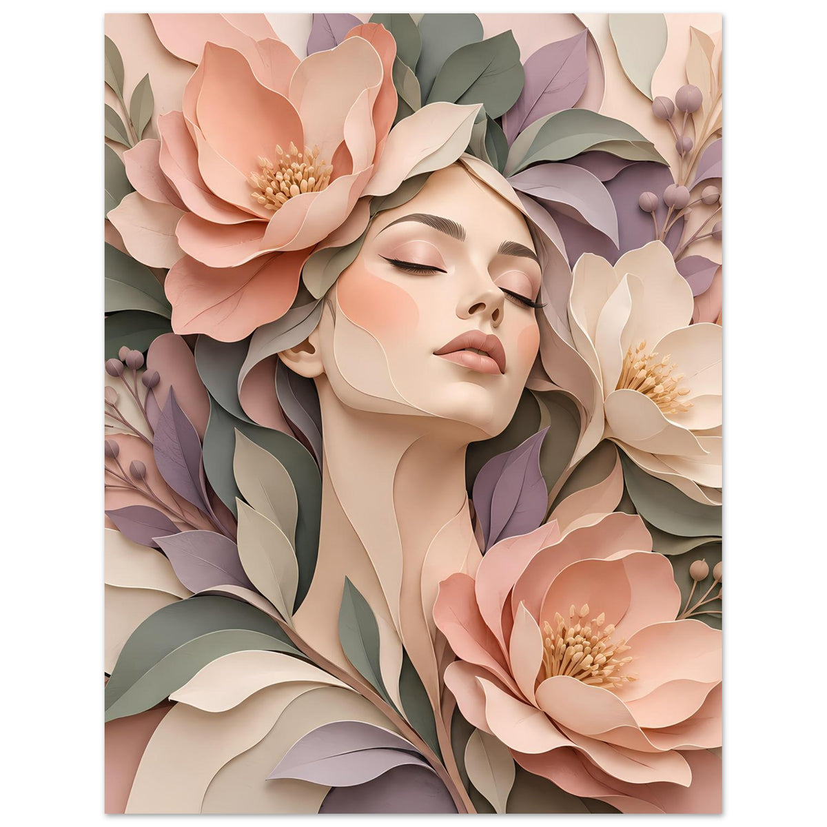 Poster im Hochformat: florales Gesicht einer Frau mit geschlossenen Augen, Pastellblüten