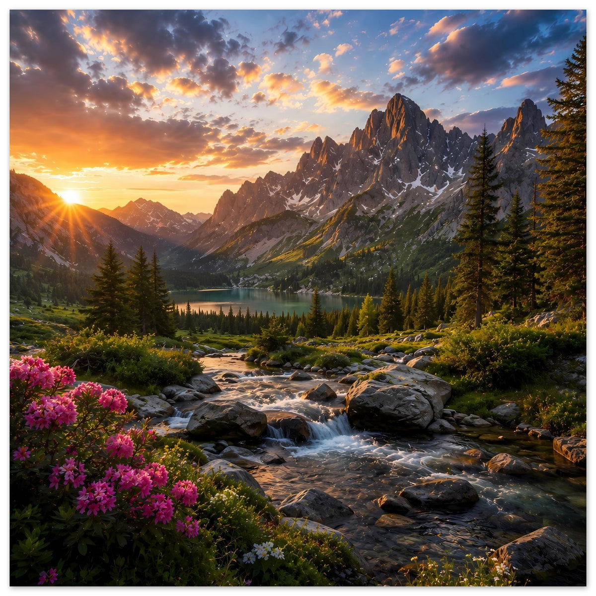 Kunstposter im Querformat: Sonnenaufgang, Bergkette mit Gipfeln, Felsenbach, See und Tannen