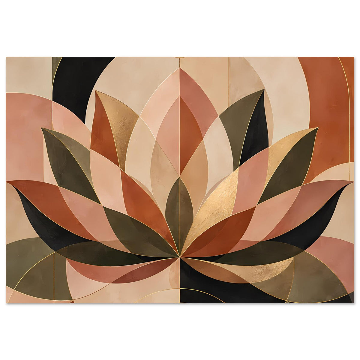 Horizontales Geometrie-Poster mit stilisierter Lotusblüte in warmen Erdtönen und Goldakzenten