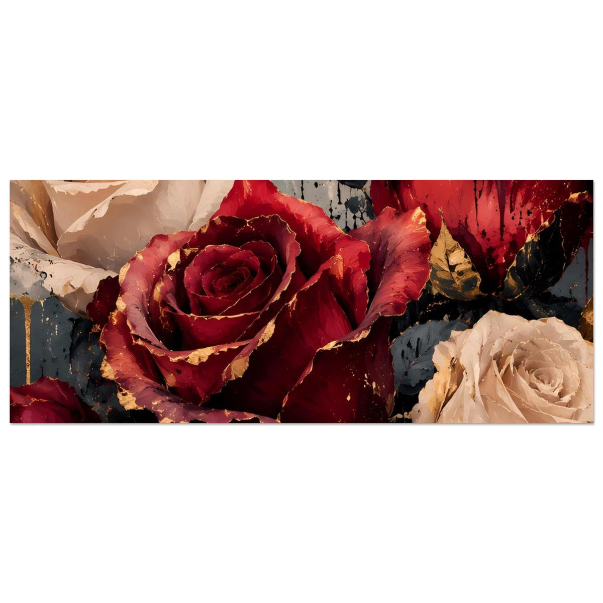 Horizontales Kunstposter mit Rosen: Bordeauxrot, Creme und Goldsprenkel