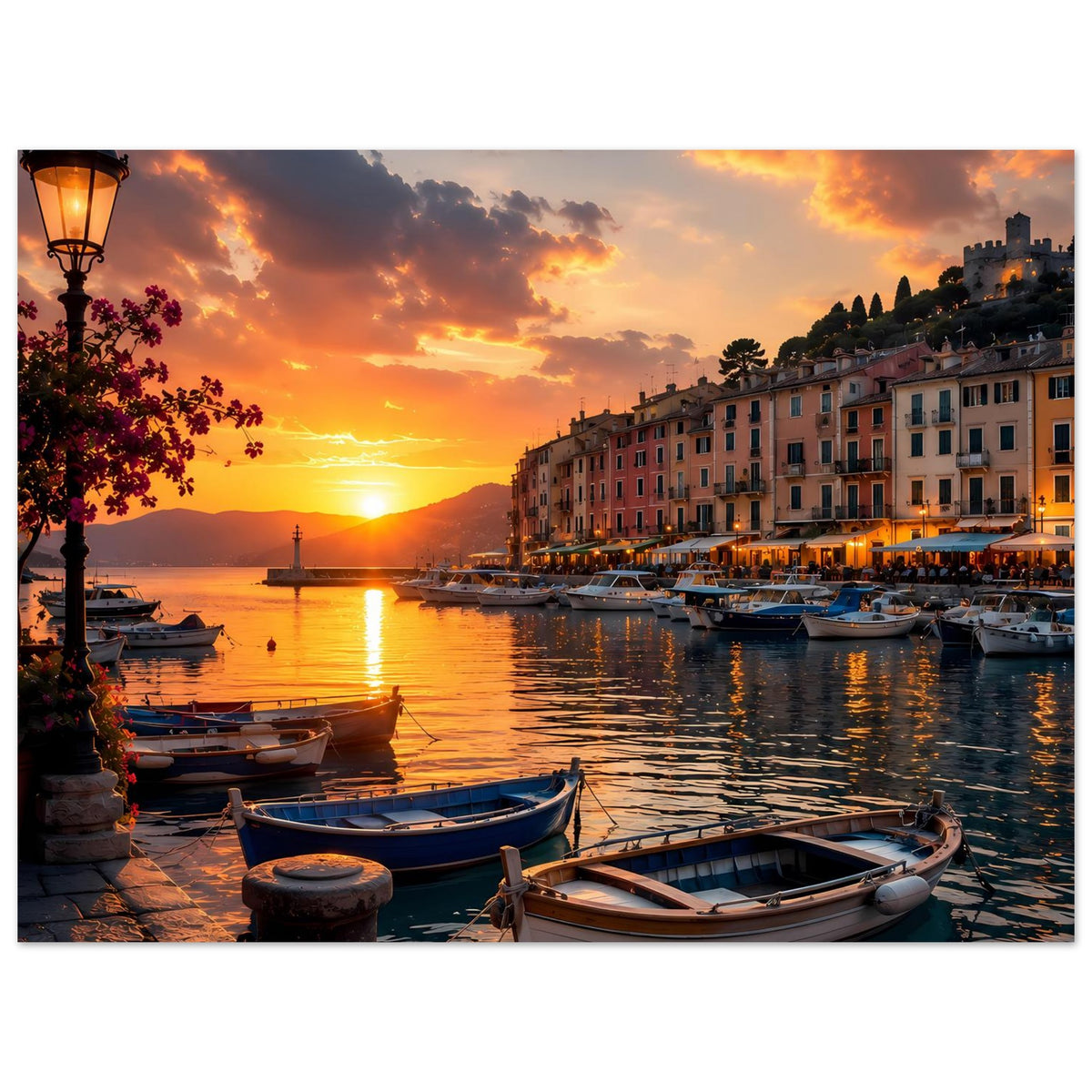 Hafenposter mit Sonnenuntergang, Boote am Wasser und Lichter am Ufer