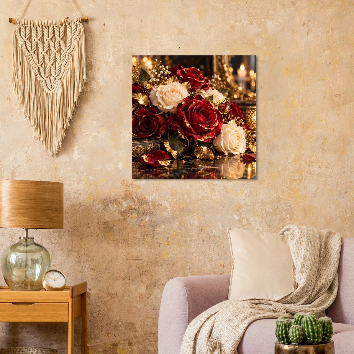 Rosenstrauß-Poster im schwarzen Rahmen: überlappende Blüten in Rot und Creme, mit goldfarbenem Glanz.