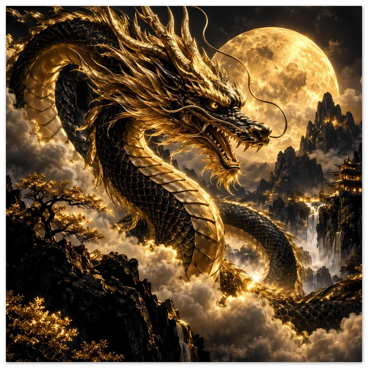 Poster im Hochformat: goldener Drache mit langen Hörnern, Vollmond im Hintergrund