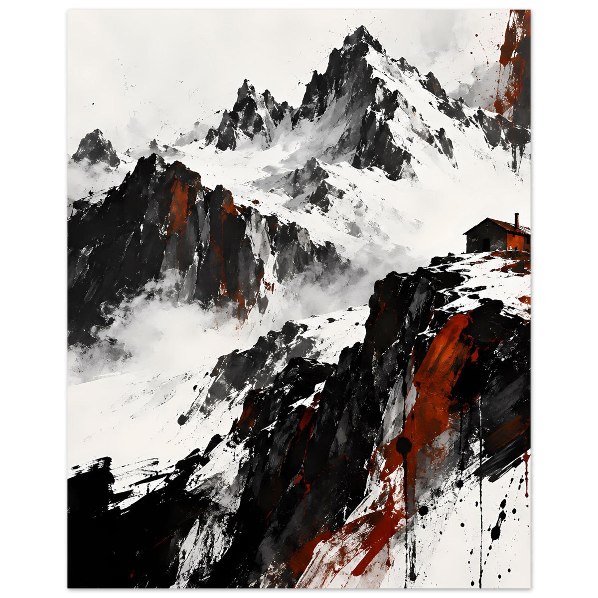 Wandposter mit Gebirgsmotiv in Schwarz und Weiß, orange Farbspritzer und Schneeflächen