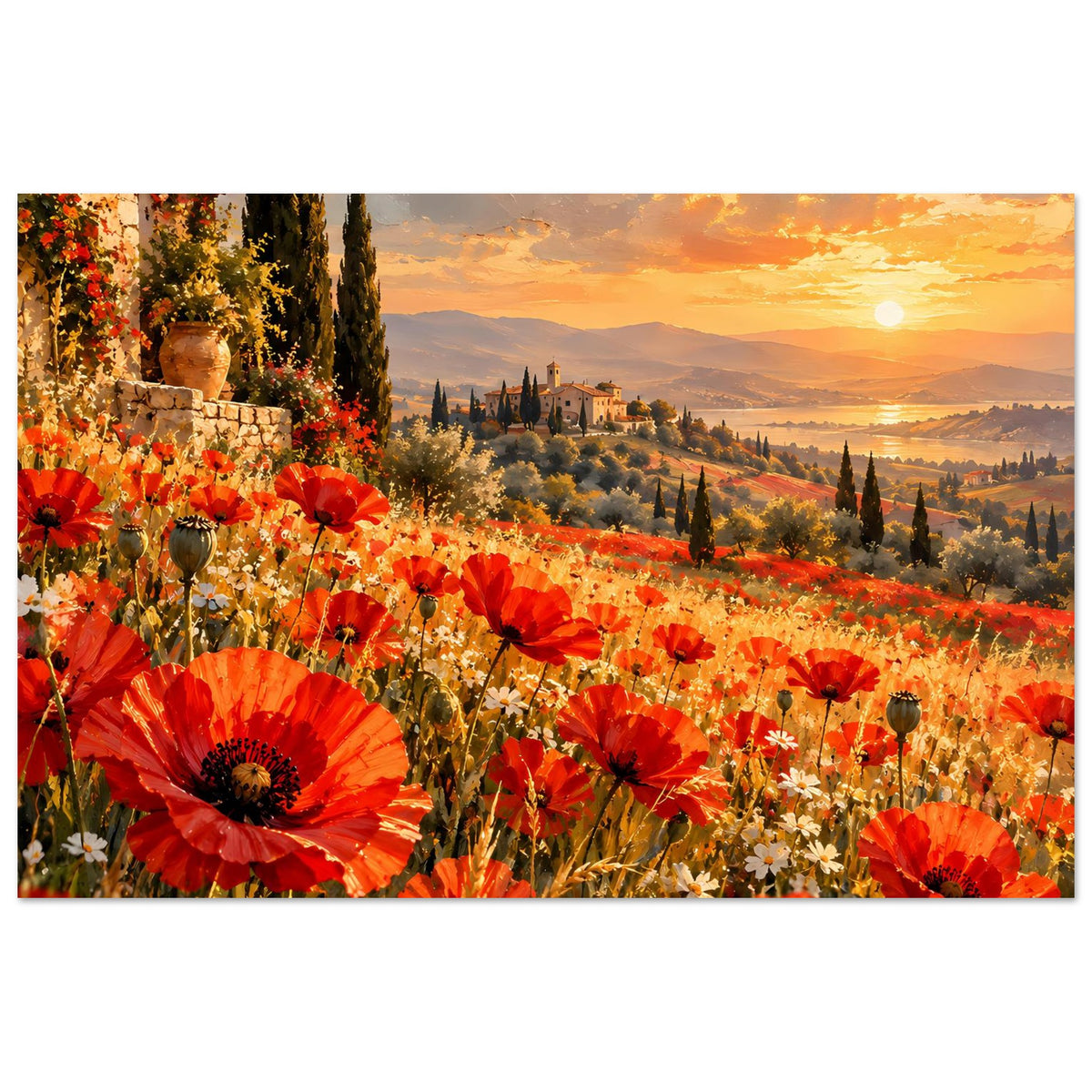 Poster Querformat: roter Mohnvordergrund, Hügellandschaft und orangefarbener Abendhimmel