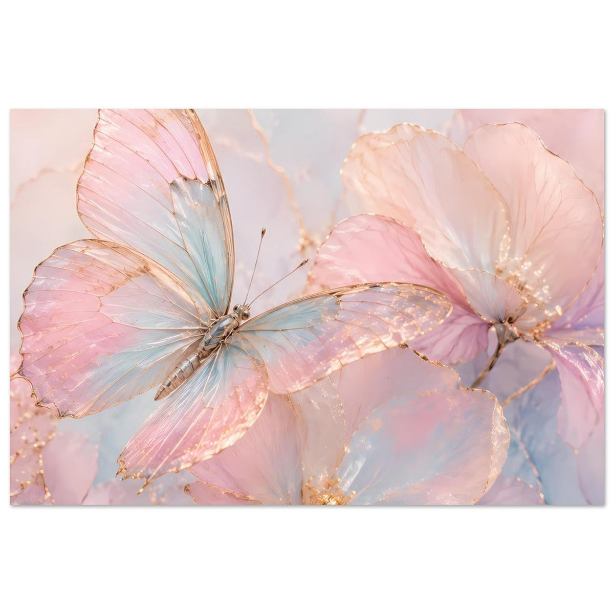 Aquarell-Poster mit rosa-blauen Schmetterlingen und goldenen Akzenten