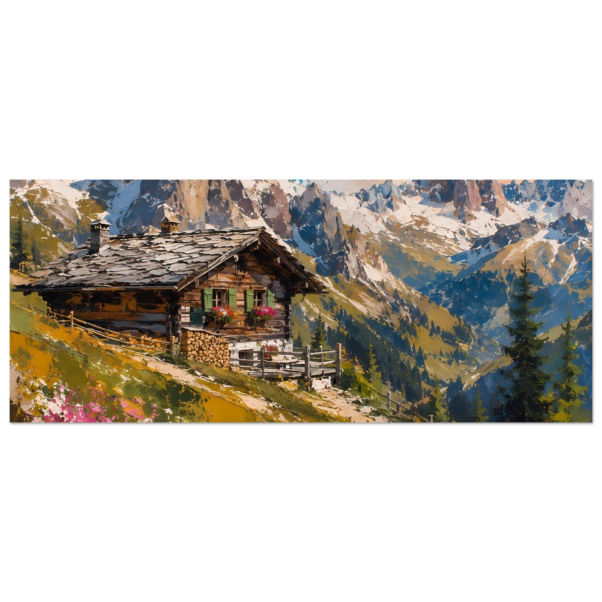 Wandposter im Querformat: Berghütte und Wanderweg, Berge, farbige Akzente und Blumen