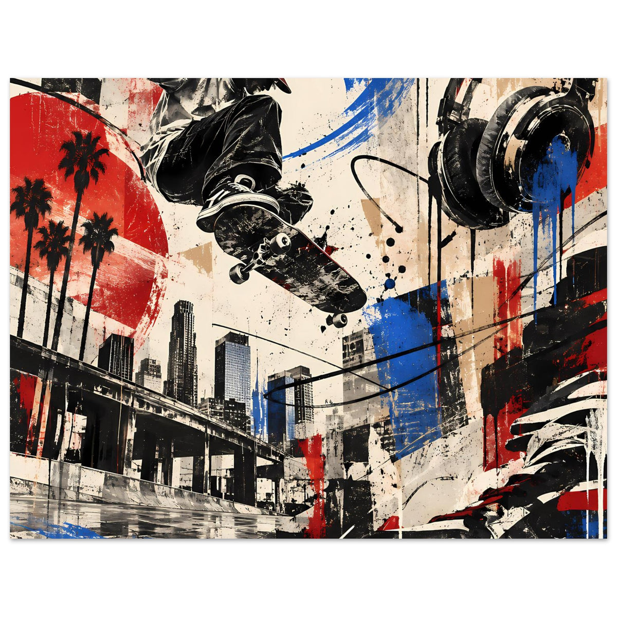 Wandposter mit Skater auf Skateboard, Sprühflecken und Reifen-Formen in Rot, Blau, Schwarz