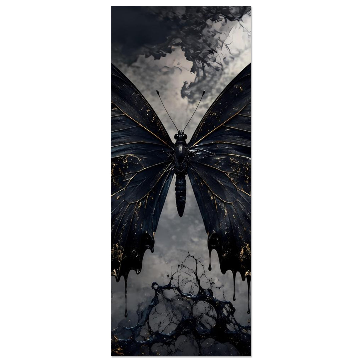 Schmetterlingsposter im Hochformat mit schwarzem Schmetterling und goldenen Adern