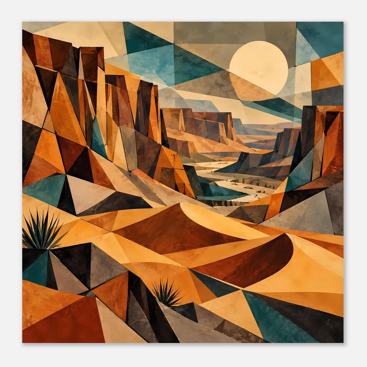 Wüstenlandschaft-Poster im Querformat, geometrische Wüstenszene mit Sonnenkreis in Beige, warmen Farben, gerahmt.