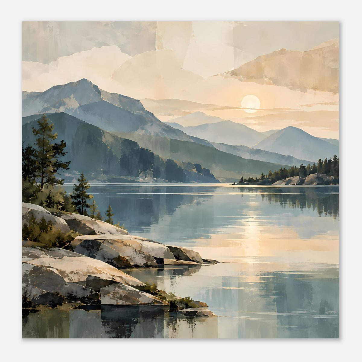 Quadratisch zugeschnittenes Poster: See bei Sonnenaufgang, Berge, Felsen und reflektierendes Wasser