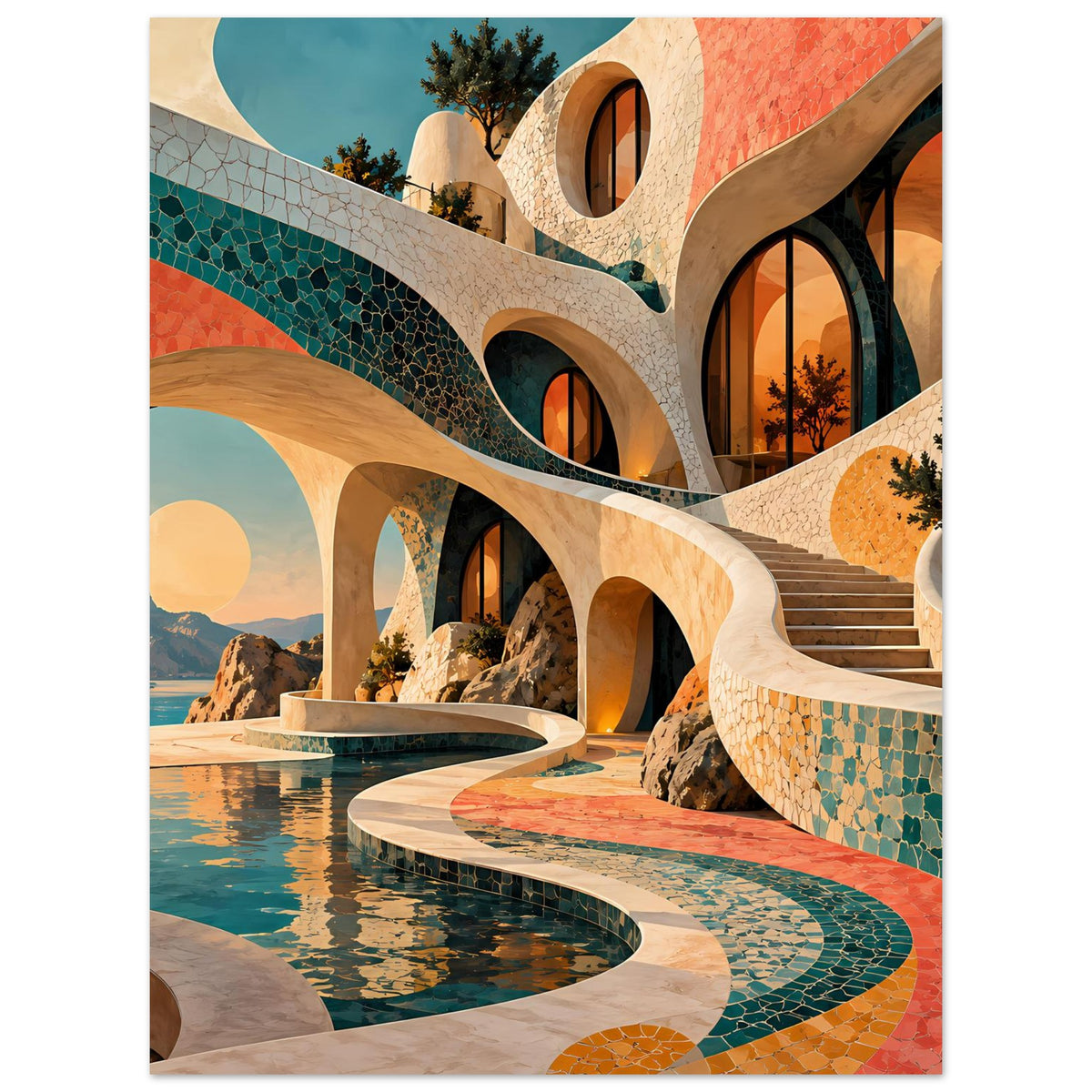 Kunstposter mit Mosaik-Rundbögen, türkiser Bogenwand, Pool und Sonnenscheibe