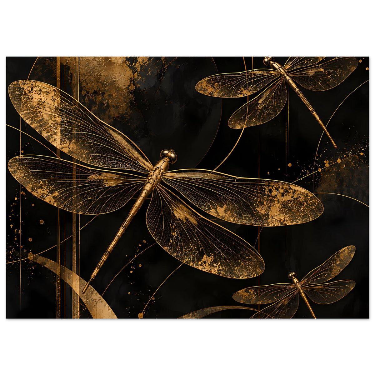 Wandposter mit goldenen Libellen und abstrakten Linien, dunkler Hintergrund, rechteckig gerahmt