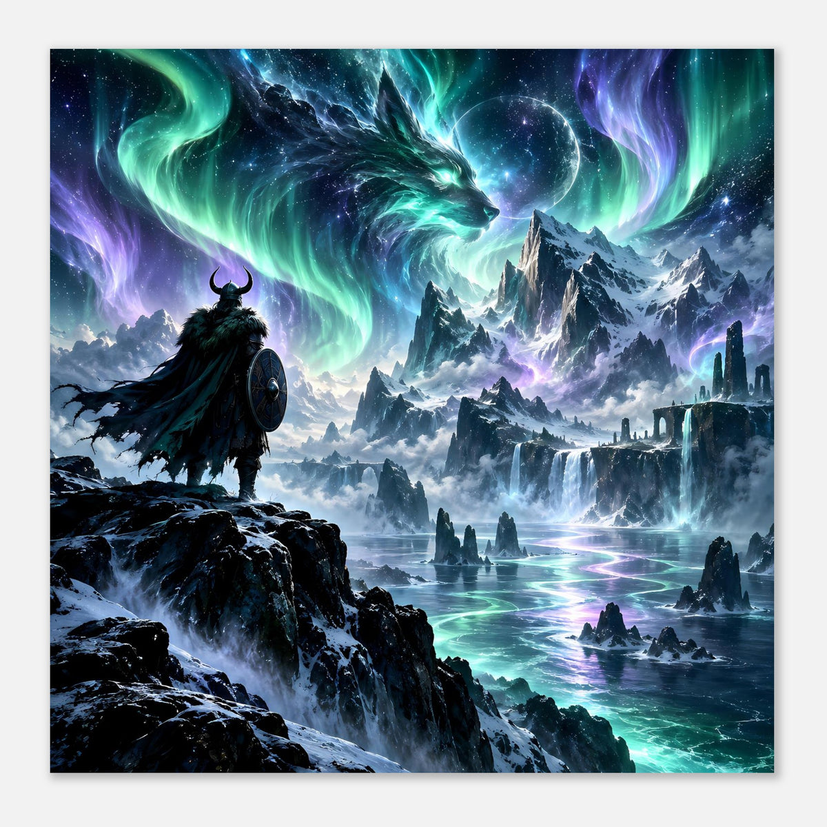 Fantasy-Poster im Querformat: Krieger auf Felsen, Drachenkopf über Bergen, Polarlicht über Wasser