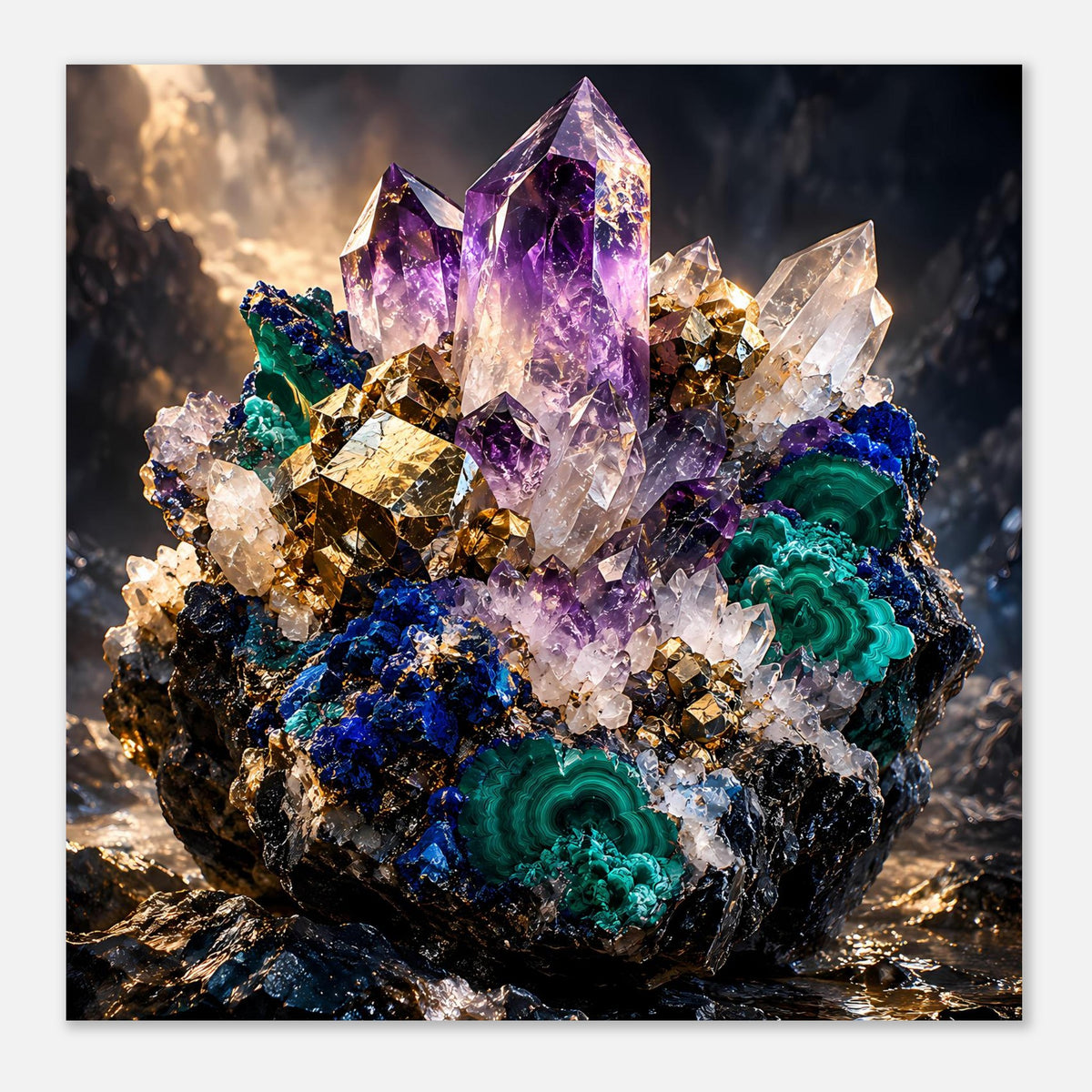 Kristallposter im quadratischen Bildausschnitt: violett, türkisgrün, mit goldenen Glanzdetails.