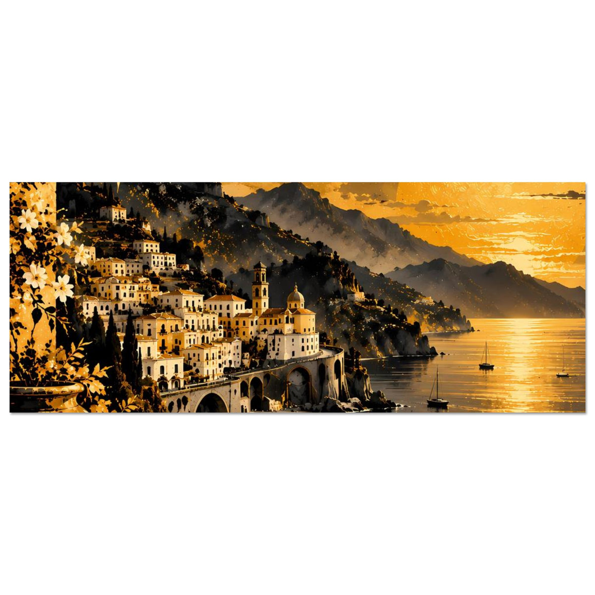Horizontales Poster mit Küstendorf, gelber Sonne am Meer und Uferweg