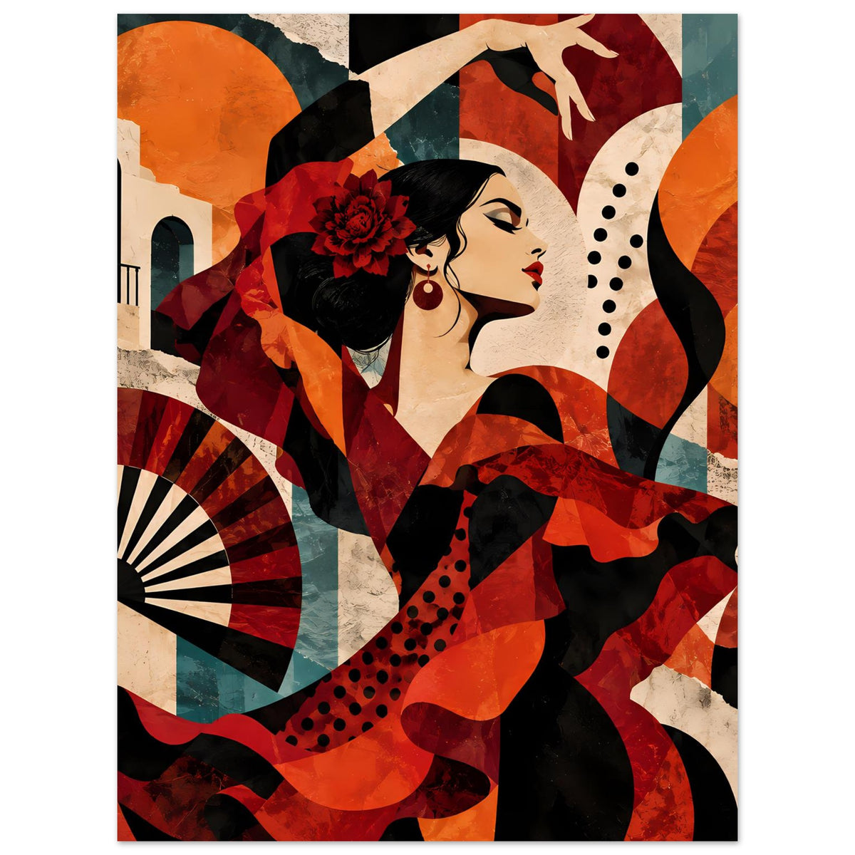 Tanzposter im Hochformat mit Flamenco-Tänzerin, rote und schwarze Strukturen und Fächer