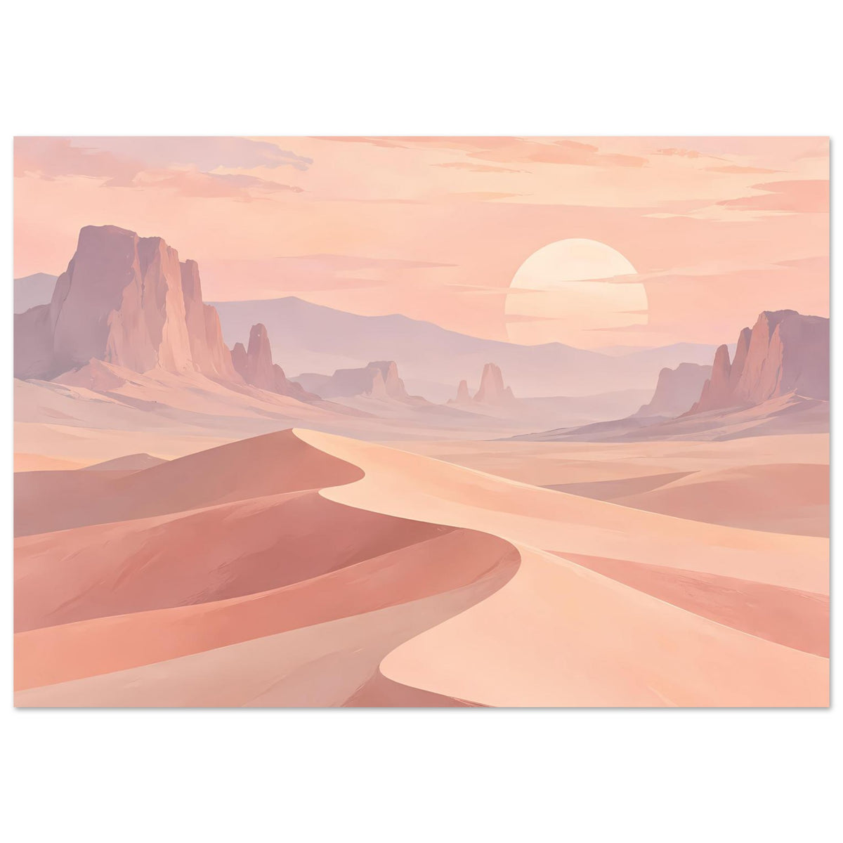 Wandposter mit weitem Wüstenpanorama: Sanddünen, Felsberge und große Sonne
