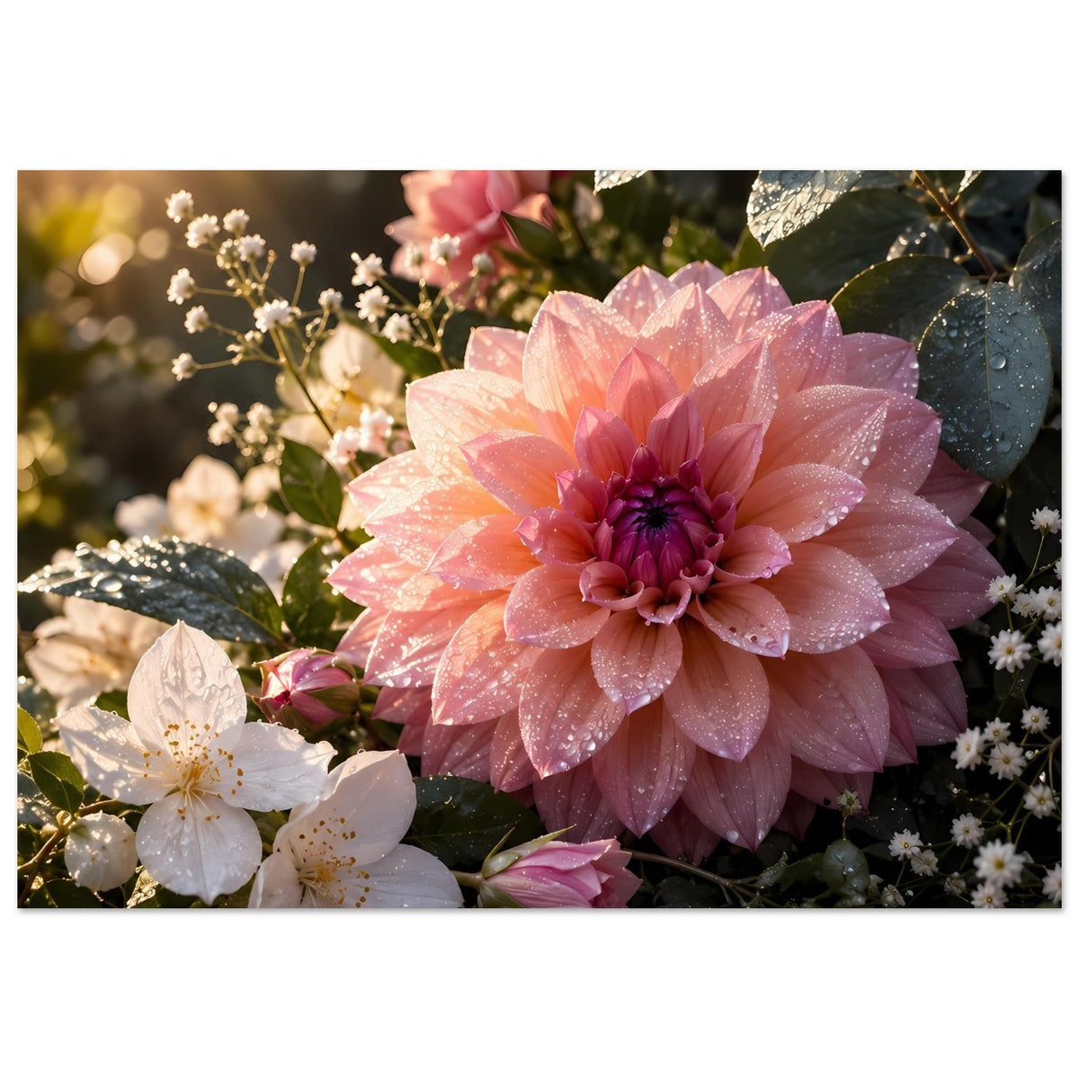 Horizontales Blumenposter mit rosa Blüte, weißen Blüten und grünen Blättern mit Tau