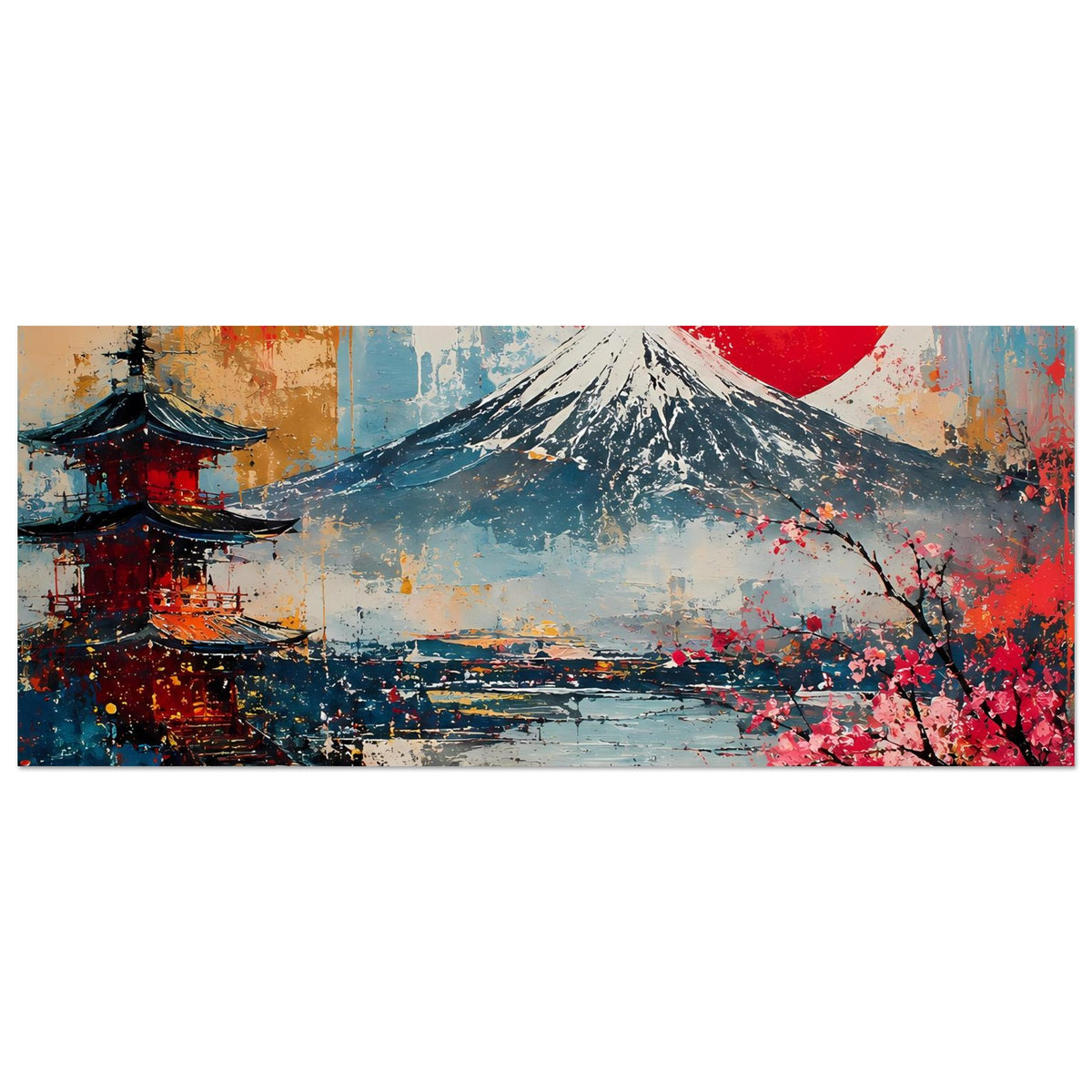 Japanisches Poster (horizontal): Fuji-Motiv mit roter Sonne und Kirschblüten