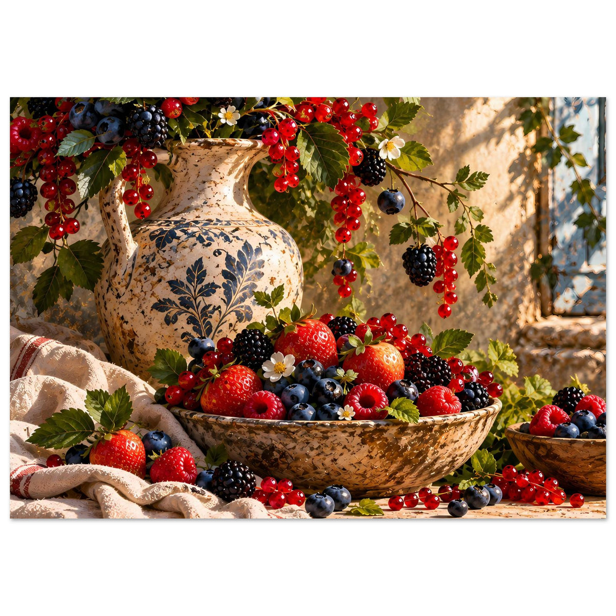 Beeren-Stillleben-Poster mit bunter Beerenpracht, Obstschale, Tuch und Vasenform