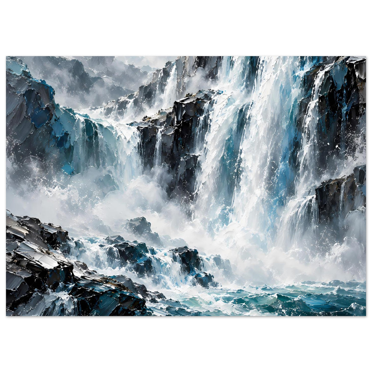 Wasserfall-Poster mit breitem Blick auf Felsen, Wasserfontänen und Meer in Blau- und Grautönen
