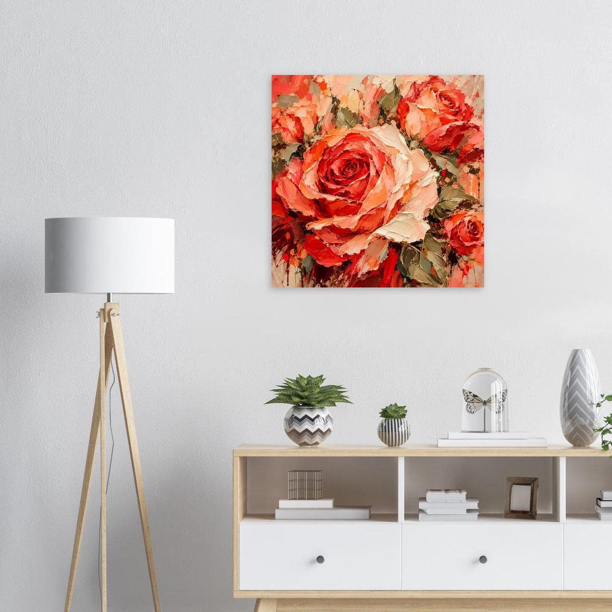 Wandposter mit Textur-Rosenbouquet: rote und rosafarbene Rosen, abstrakte Farbflächen