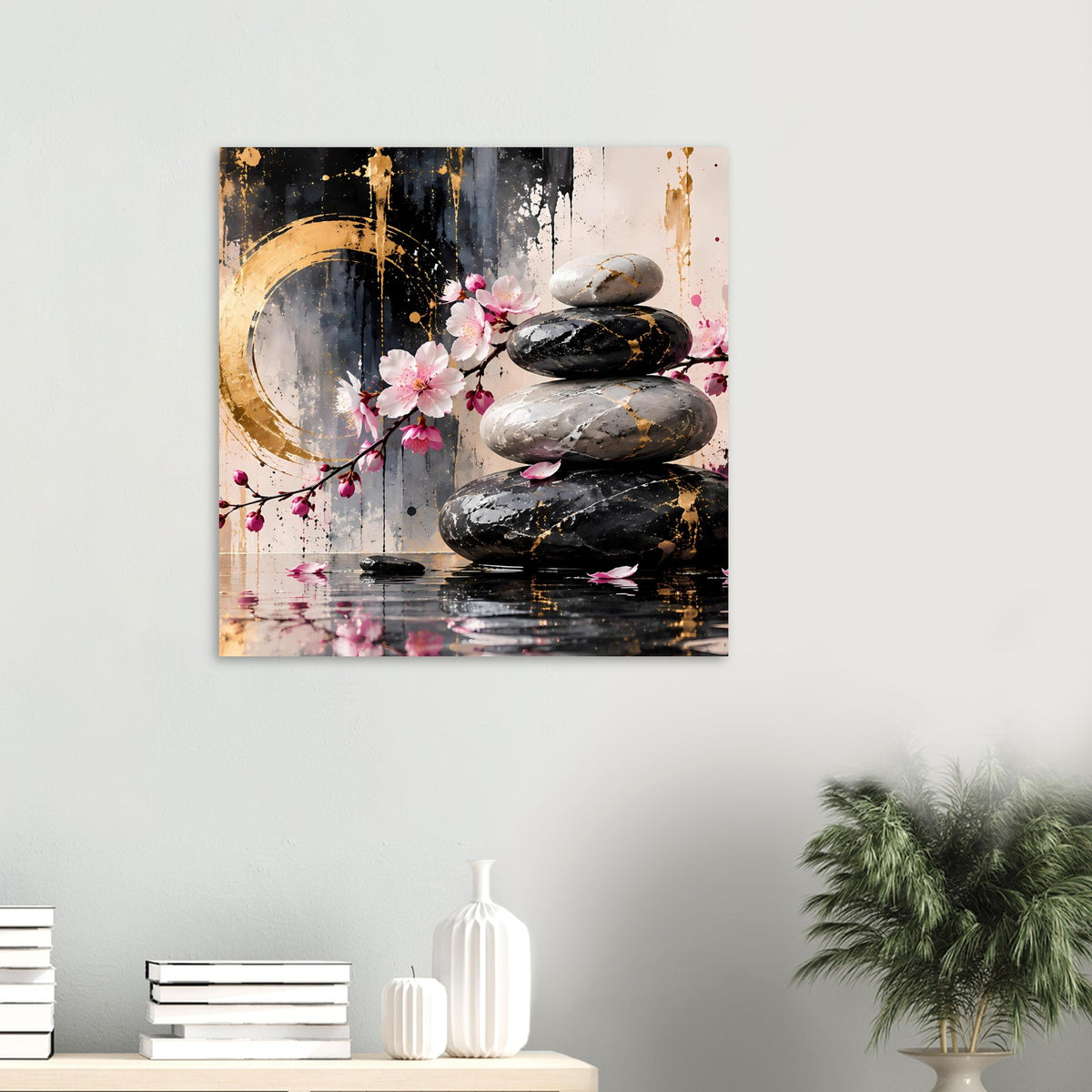 Quadratisches Wandposter mit Kirschblüten, schwarzen Steinen und goldfarbenem Halbkreis-Design