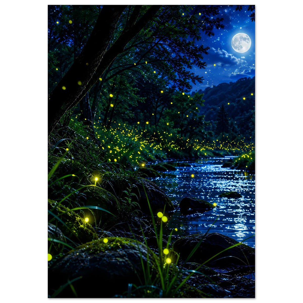Wandposter im Hochformat: Dunkler Wald mit Baumkronen, Fluss und schimmernden Glühwürmchen