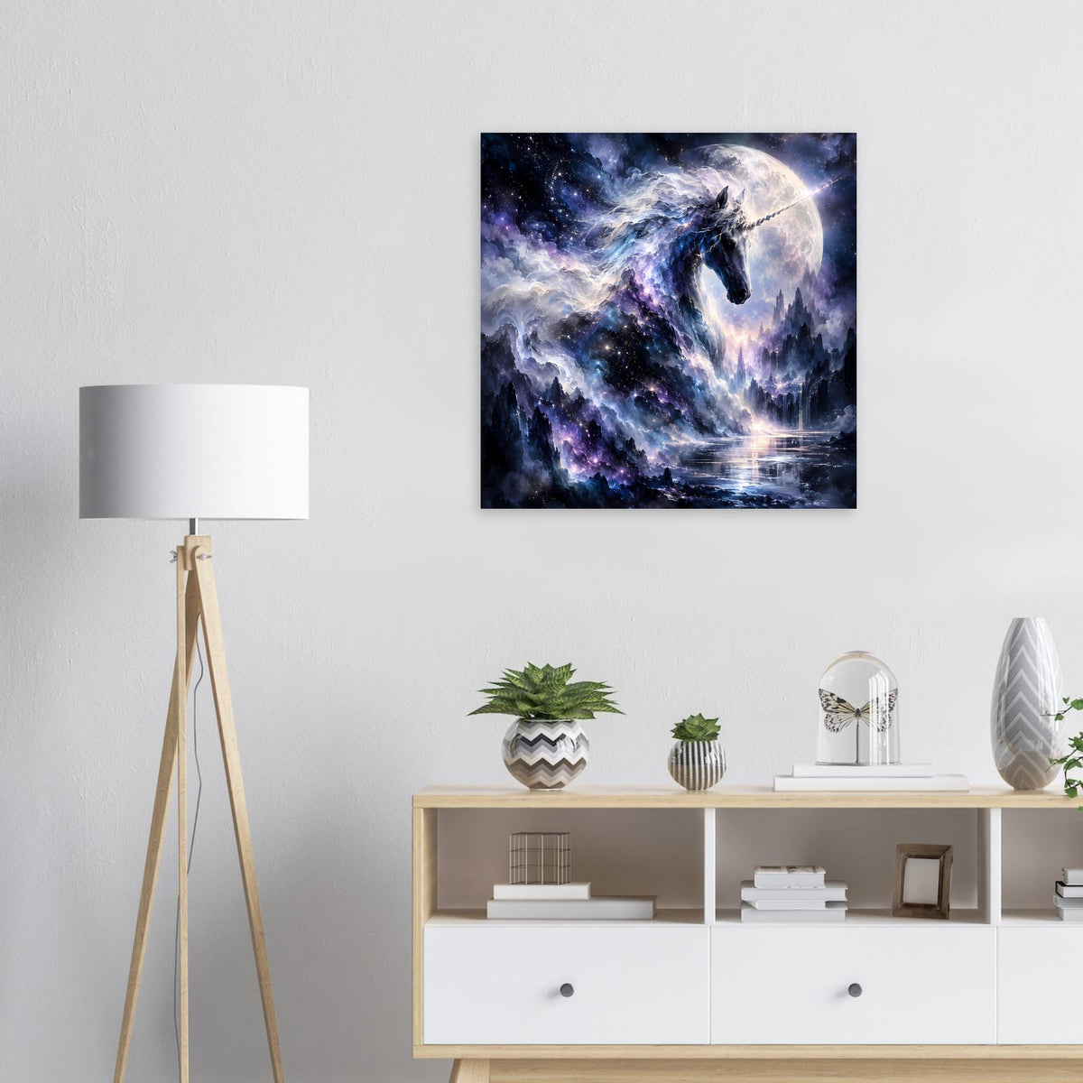 Quadratisches galaktisches Einhorn-Poster mit Mond und Sternnebel in Blau/Violett